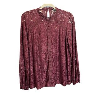 Cable & Gauge Burgundy Lace Blouse Boho Romantic Victorian Long Sleeve Top 1X